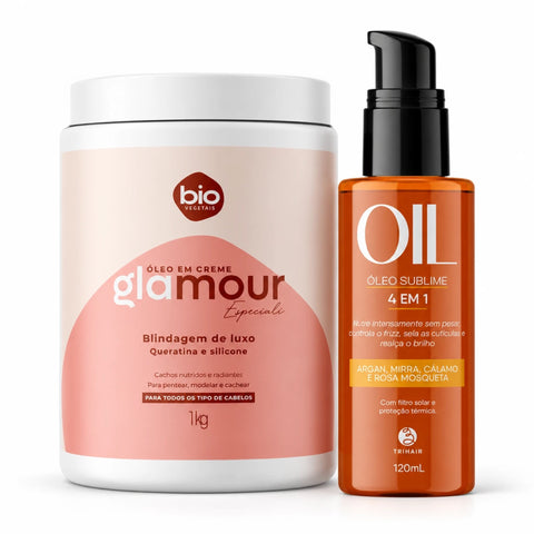 Kit Óleo em Creme Glamour Especiali Blindagem de Luxo 1kg + Óleo Sublime 4 em 1 Trihair 120ml - Bio Vegetais e Trihair