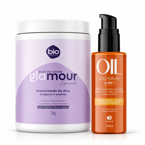 Kit Óleo em Creme Glamour Especiali Elasticidade de Diva 1kg + Óleo Sublime 4 em 1 Trihair 120ml - Bio Vegetais e Trihair