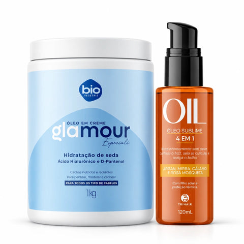 Kit Óleo em Creme Glamour Especiali Hidratação de Seda 1kg + Óleo Sublime 4 em 1 Trihair 120ml - Bio Vegetais e Trihair