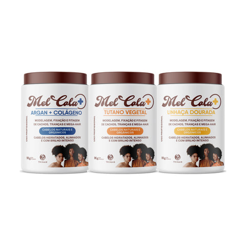 Kit Trio Mel Cola Trihair 1kg - Tutano Vegetal, Argan + Colágeno e Linhaça Dourada