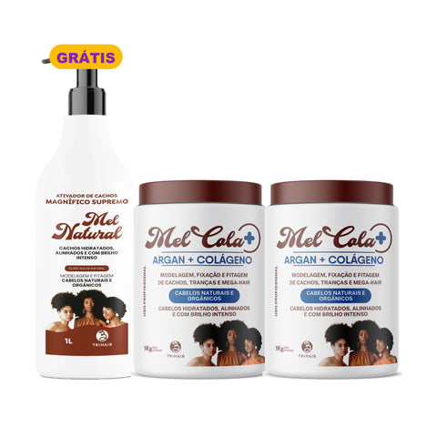 Kit 2 Mel Cola Argan + Colágeno Trihair 1kg + Ativador Mel Natural 1L Grátis