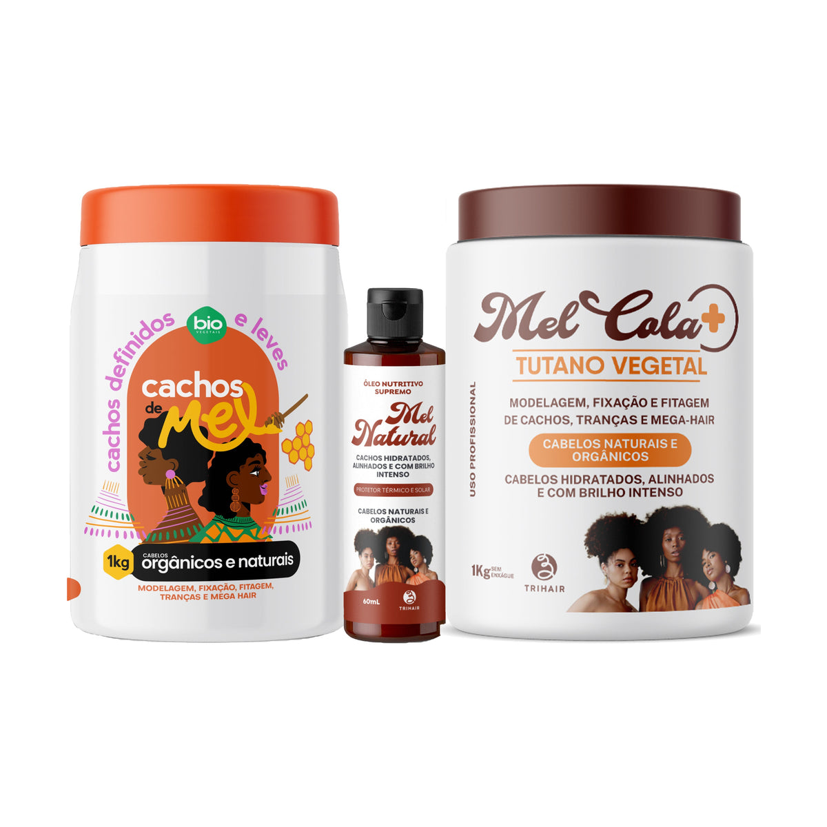 Kit Mel & Brilho+ - Mel Cola Tutano Vegetal Trihair 1kg + Cachos de Mel 1kg + Óleo Nutritivo Supremo 60ml