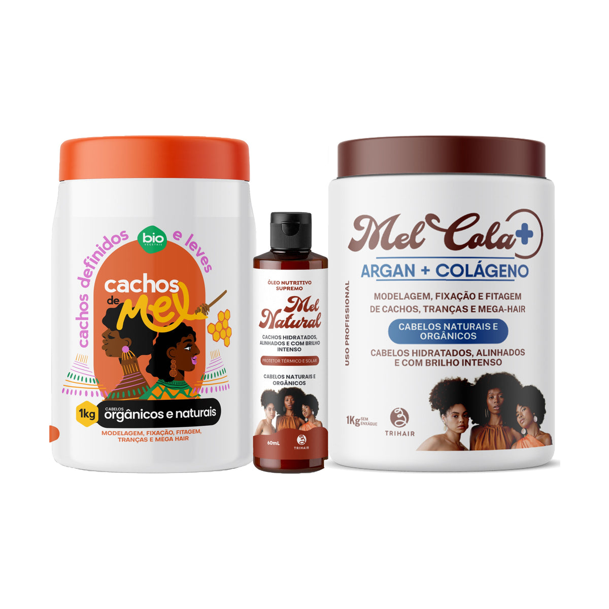 Kit Mel & Brilho+ - Mel Cola Argan + Colágeno Trihair 1kg + Cachos de Mel 1kg + Óleo Nutritivo Supremo 60ml