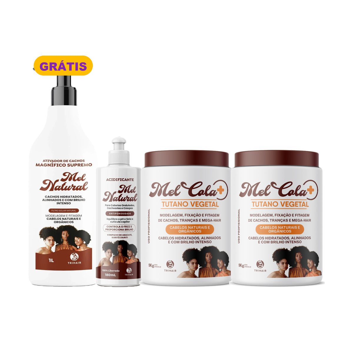Kit 2 Mel Cola Tutano Vegetal Trihair 1kg + Acidificante 180ml + Ativador Mel Natural 1L Grátis