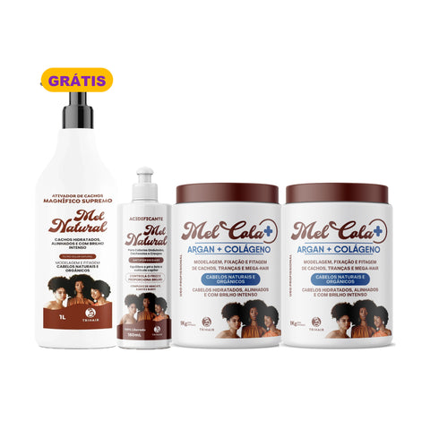 Kit 2 Mel Cola Argan + Colágeno Trihair 1kg + Acidificante 180ml + Ativador Mel Natural 1L Grátis