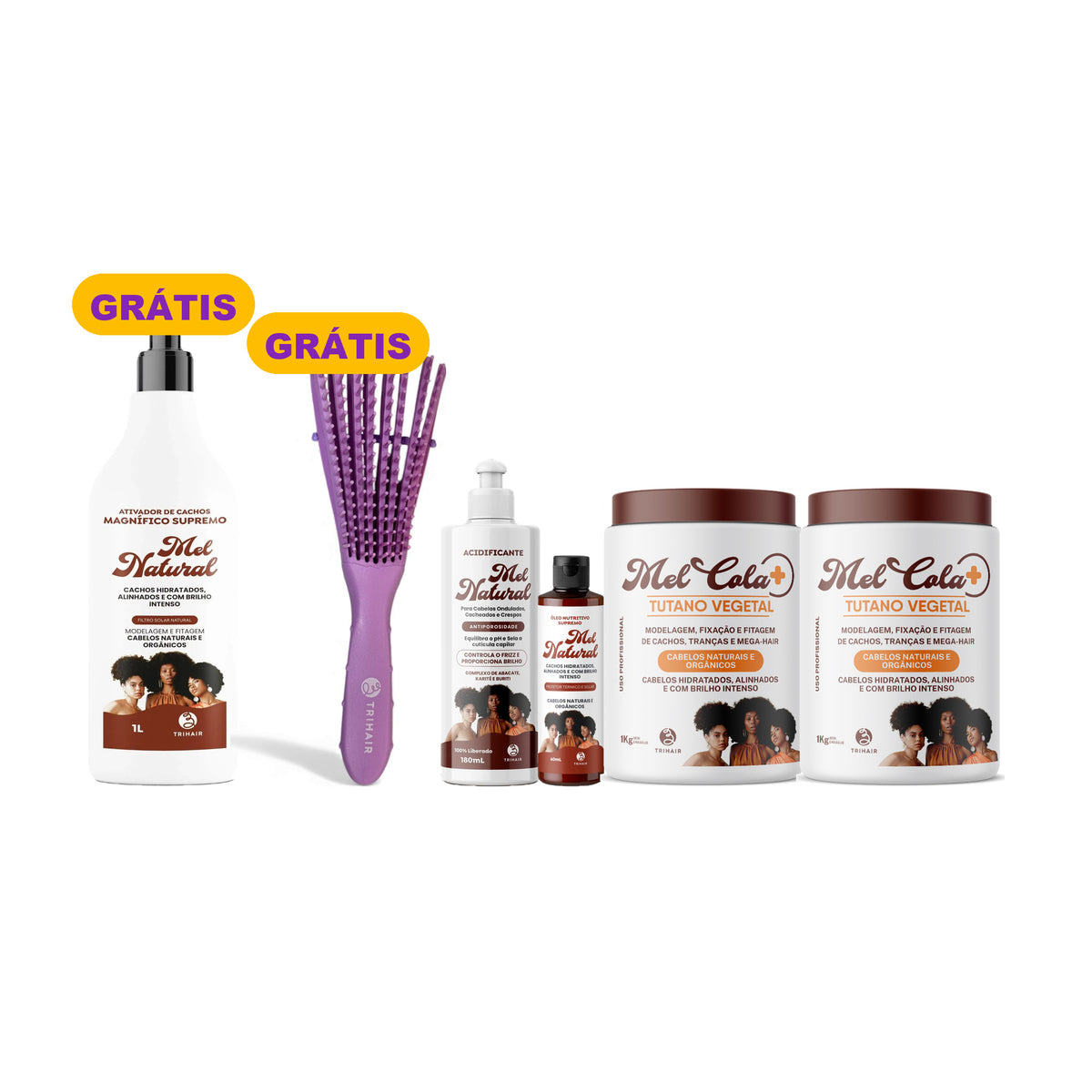 Kit 2 Mel Cola Tutano Vegetal Trihair 1kg + Acidificante + Óleo Nutritivo + Ativador 1L e Escova Grátis