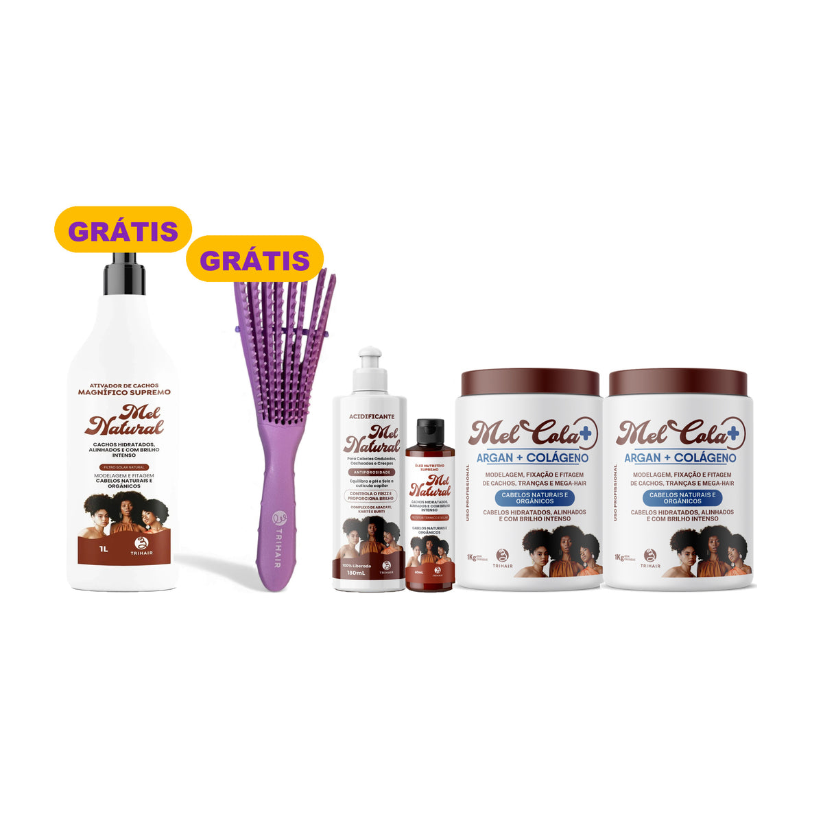 Kit 2 Mel Cola Argan + Colágeno Trihair 1kg + Acidificante + Óleo Nutritivo + Ativador 1L e Escova Grátis