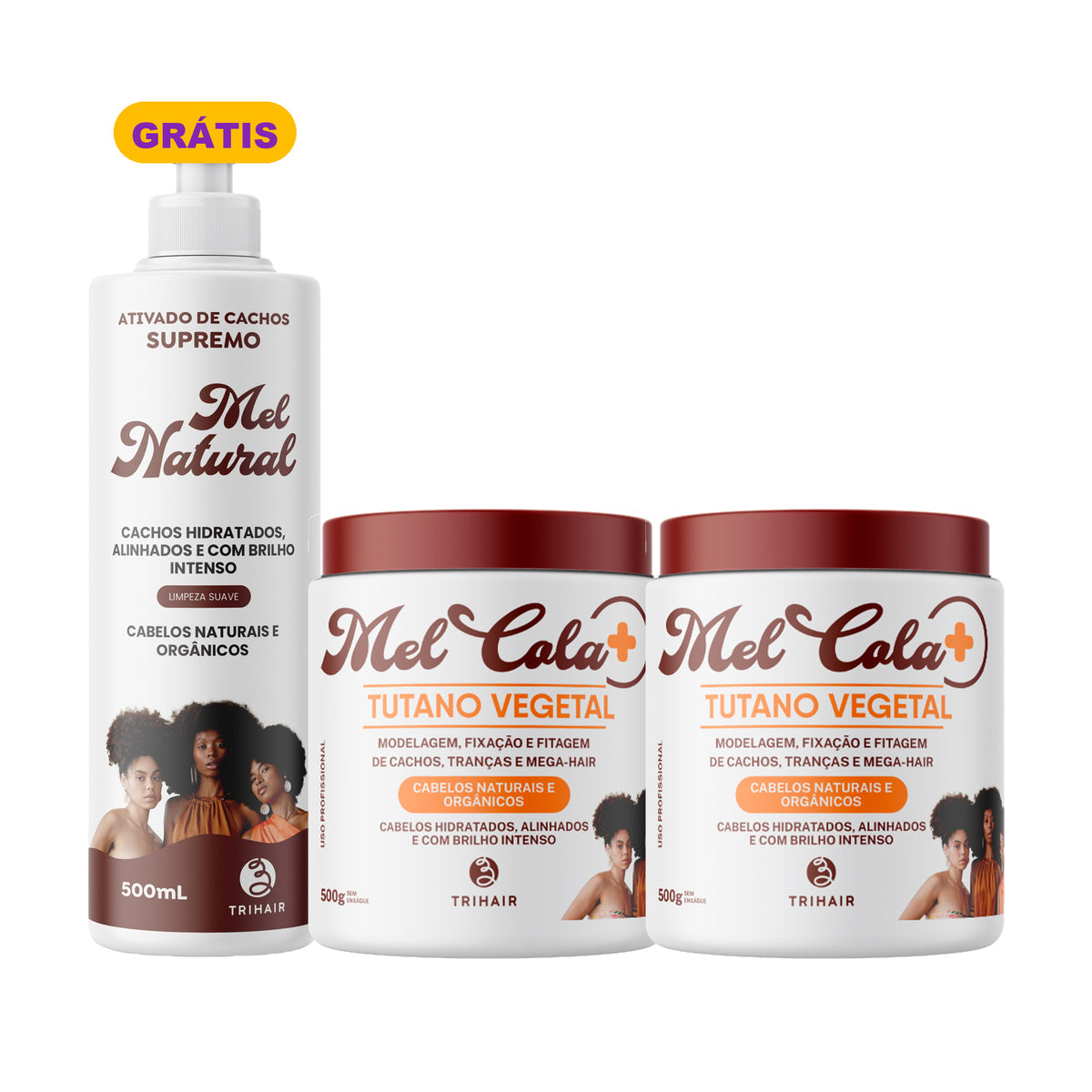Kit 2 Mel Cola Tutano Vegetal Trihair 500g + Ativador Mel Natural 500ml Grátis