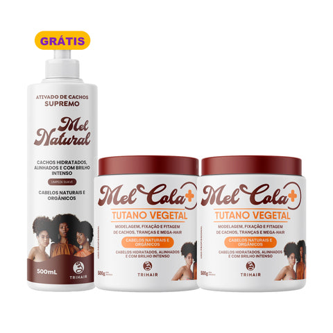 Kit 2 Mel Cola Tutano Vegetal Trihair 500g + Ativador Mel Natural 500ml Grátis