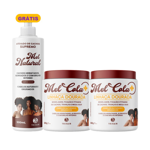 Kit 2 Mel Cola Linhaça Dourada Trihair 500g + Ativador Mel Natural 500ml Grátis