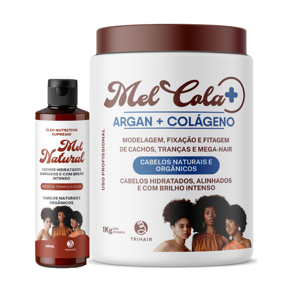 Kit Mel Cola Argan + Colágeno Trihair 1kg + Óleo Nutritivo Supremo Mel Natural 60ml - Define e Nutre