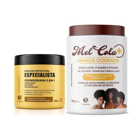 Kit Rotina Linhaça - Mel Cola Linhaça Dourada Trihair 1kg + Máscara Repositora Especialista 500g