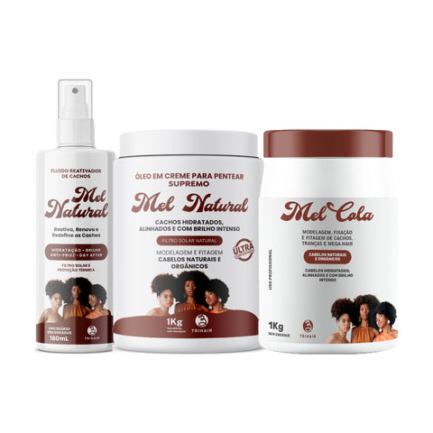 Kit Rotina Completa Mel Natural - Óleo em Creme 1kg + Mel Cola Trihair 1kg + Fluido Reativador 180ml