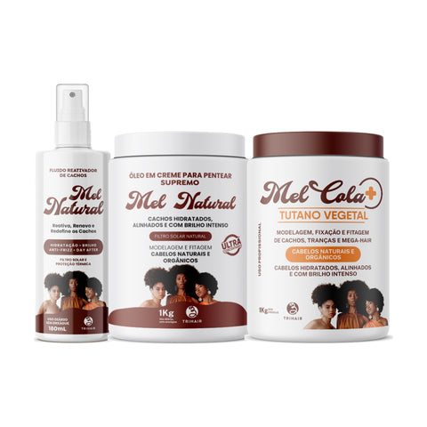 Kit Rotina Completa Mel Natural - Óleo em Creme 1kg + Mel Cola Tutano Vegetal Trihair 1kg + Fluido Reativador 180ml