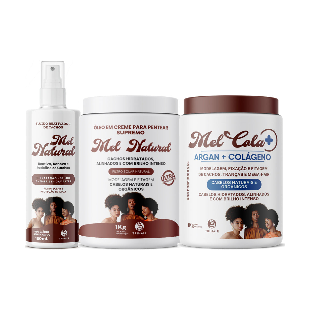 Kit Rotina Completa Mel Natural - Óleo em Creme 1kg + Mel Cola Argan + Colágeno Trihair 1kg + Fluido Reativador 180ml