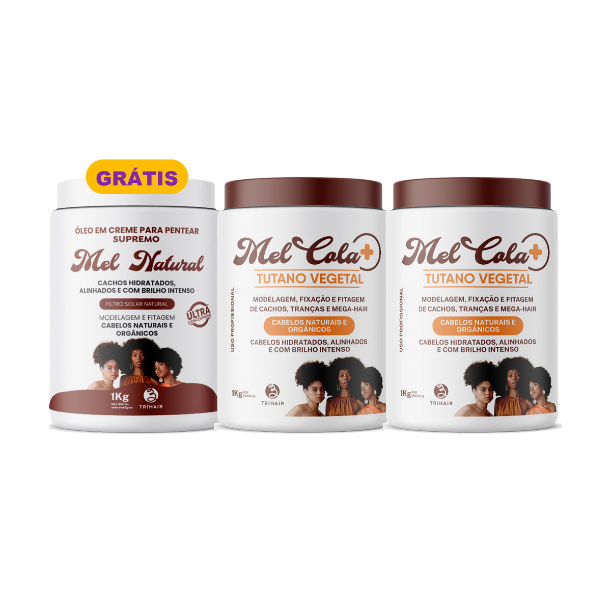 Kit 2 Mel Cola Tutano Vegetal Trihair 1kg + Óleo em Creme Mel Natural 1kg Grátis