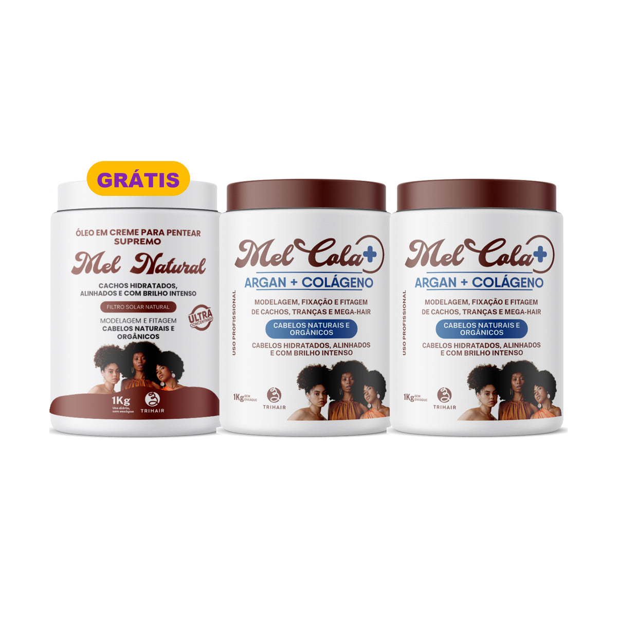 Kit 2 Mel Cola Argan + Colágeno Trihair 1kg + Óleo em Creme Mel Natural 1kg Grátis