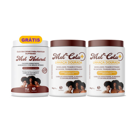 Kit 2 Mel Cola Linhaça Dourada Trihair 1kg + Óleo em Creme Mel Natural 1kg Grátis