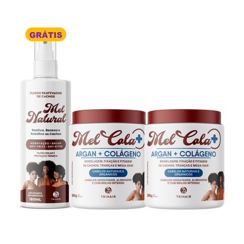 Kit 2 Mel Cola Argan + Colágeno Trihair 500g + Fluido Reativador Mel Natural 180ml Grátis
