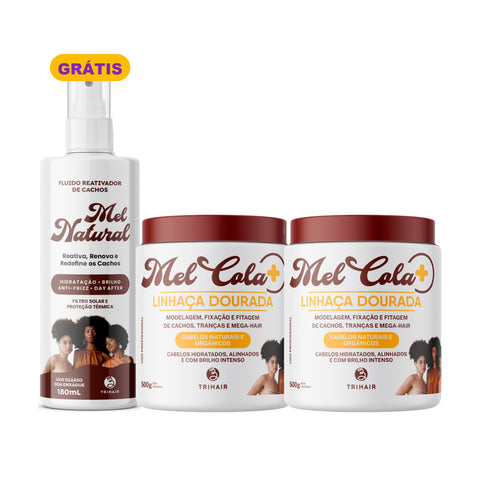 Kit 2 Mel Cola Linhaça Dourada Trihair 500g + Fluido Reativador Mel Natural 180ml Grátis