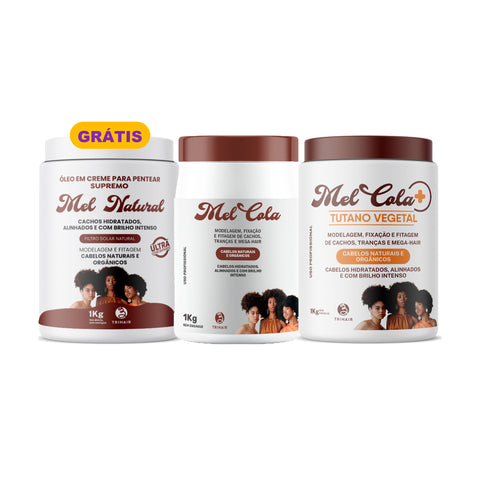 Kit Clássico + Novo - Mel Cola Trihair 1kg + Mel Cola Tutano Vegetal 1kg + Óleo em Creme Mel Natural 1kg Grátis
