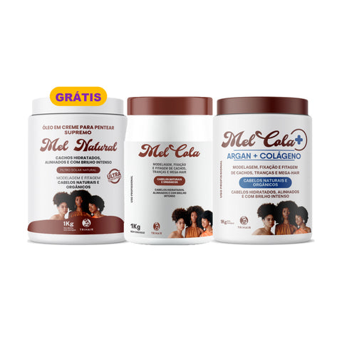 Kit Clássico + Novo - Mel Cola Trihair 1kg + Mel Cola Argan + Colágeno 1kg + Óleo em Creme Mel Natural 1kg Grátis