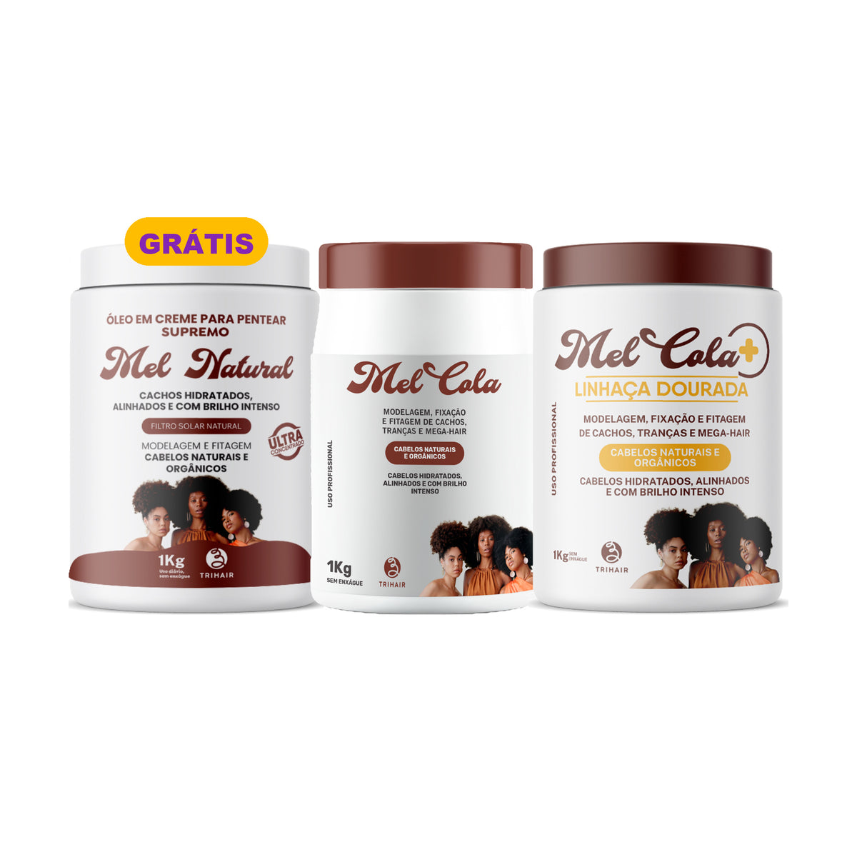 Kit Clássico + Novo - Mel Cola Trihair 1kg + Mel Cola Linhaça Dourada 1kg + Óleo em Creme Mel Natural 1kg Grátis