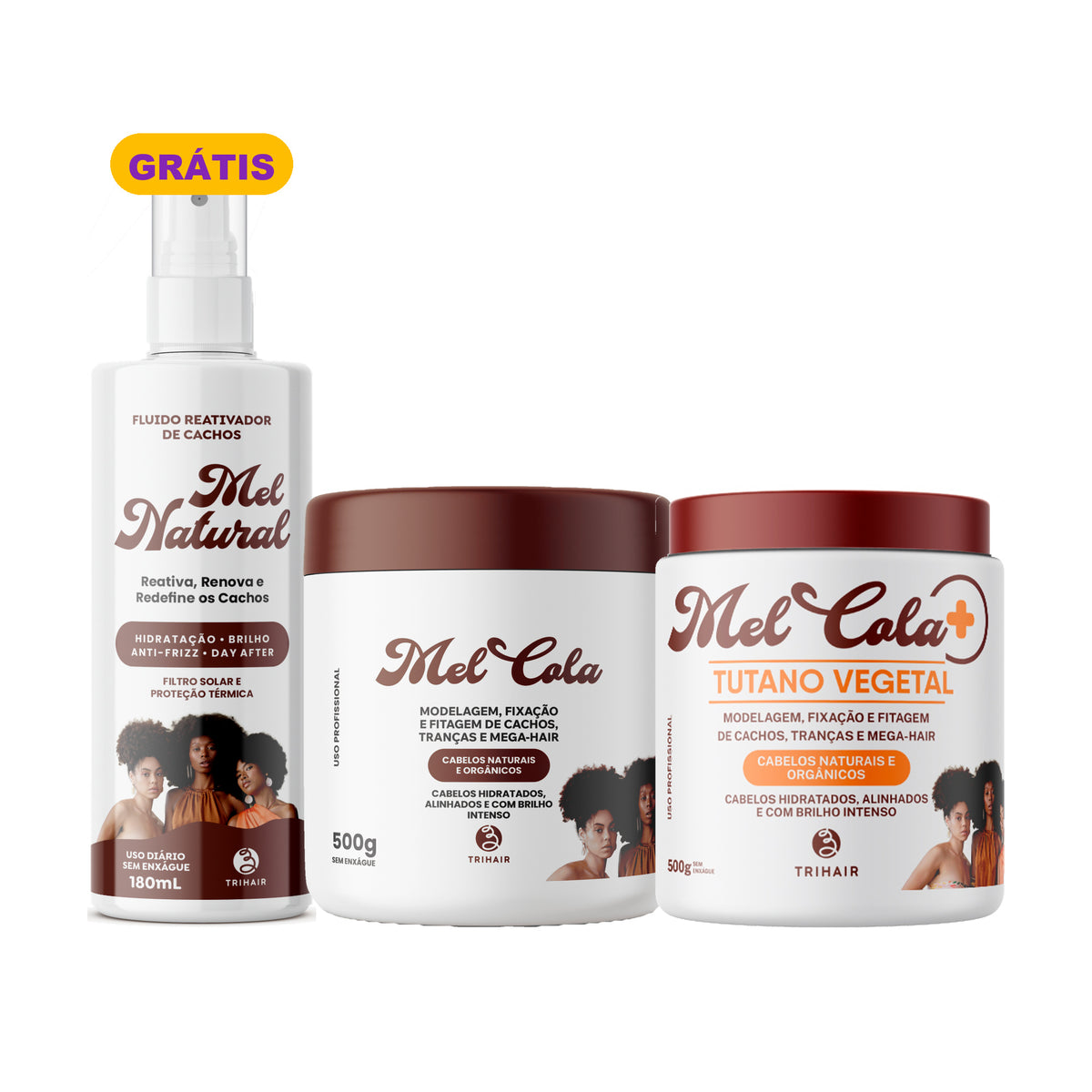 Kit Clássico + Novo - Mel Cola Trihair 500g + Mel Cola Tutano Vegetal 500g + Fluido Reativador 180ml Grátis