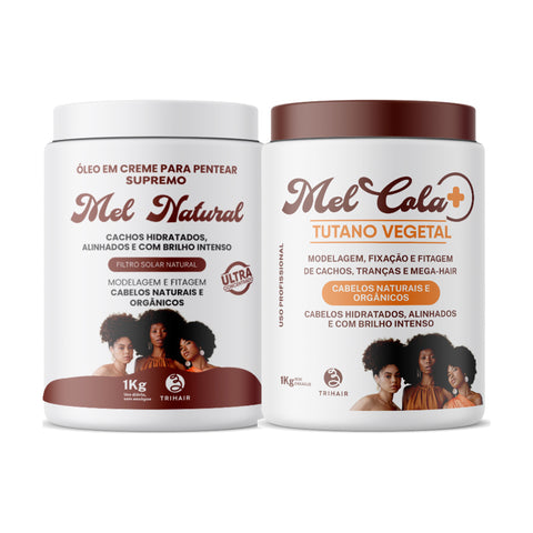 Kit Pentear e Finalizar - Mel Cola Tutano Vegetal Trihair 1kg + Óleo em Creme Mel Natural 1kg