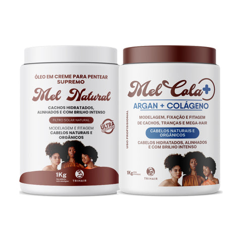 Kit Pentear e Finalizar - Mel Cola Argan + Colágeno Trihair 1kg + Óleo em Creme Mel Natural 1kg