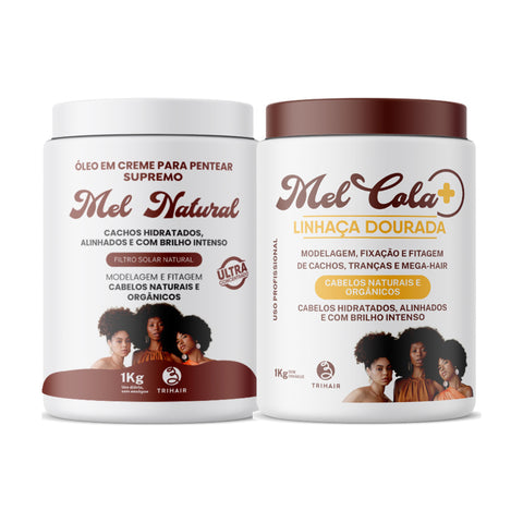 Kit Pentear e Finalizar - Mel Cola Linhaça Dourada Trihair 1kg + Óleo em Creme Mel Natural 1kg