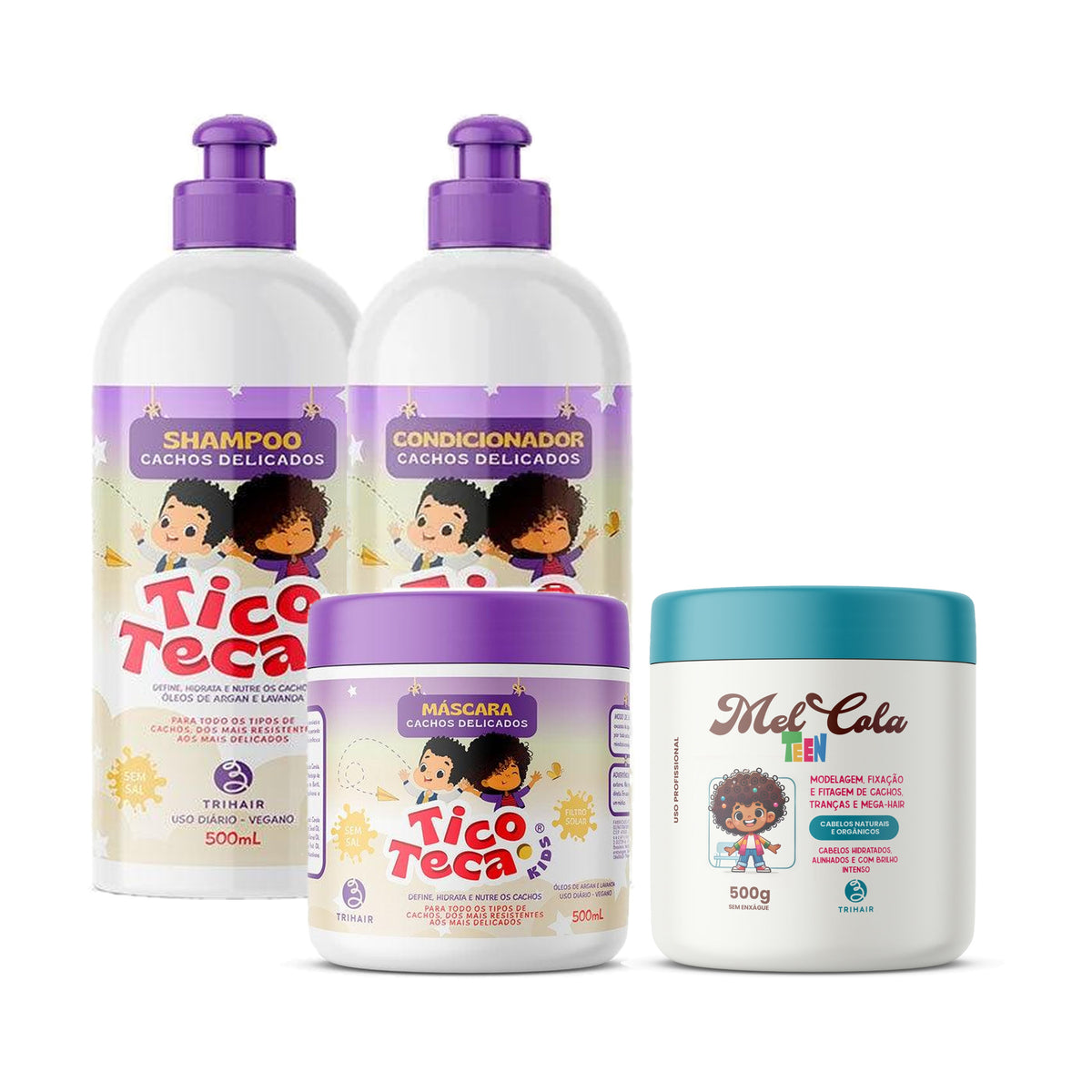 Kit Tico e Teca Shampoo, Condicionador e Máscara + Mel Cola Teen Azul 500g - 4 Produtos