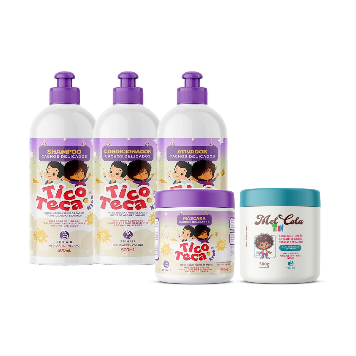 Kit Tico e Teca Shampoo, Condicionador, Ativador e Máscara + Mel Cola Teen Azul 500g - 5 Produtos