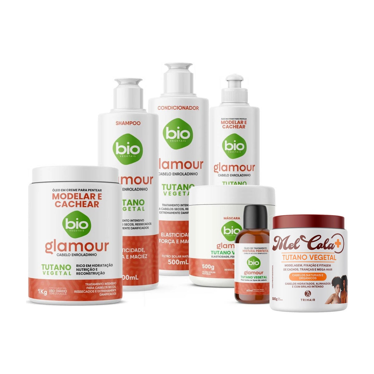 Kit Linha Completa Glamour Tutano Vegetal + Mel Cola Tutano Vegetal Trihair 500g - 7 Produtos