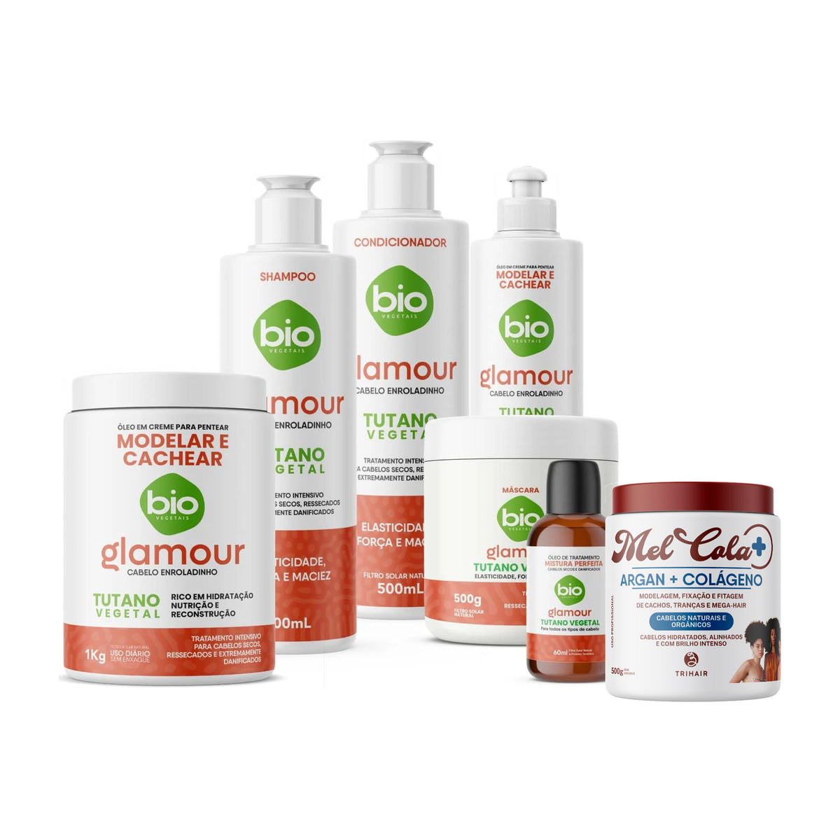 Kit Linha Completa Glamour Tutano Vegetal + Mel Cola Argan + Colágeno Trihair 500g - 7 Produtos