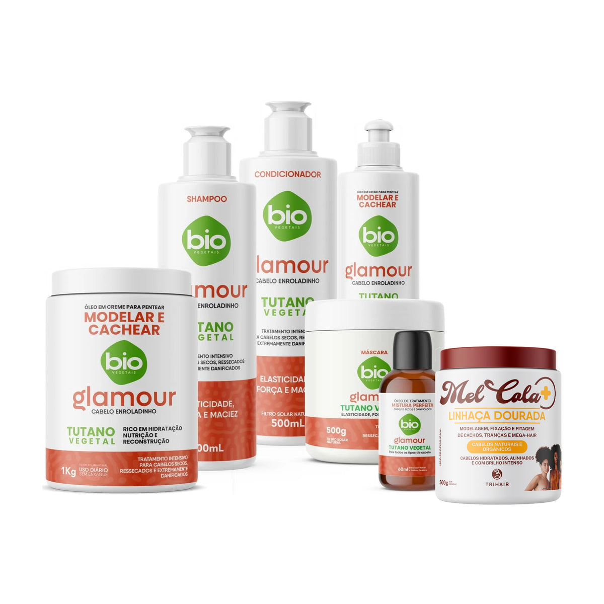 Kit Linha Completa Glamour Tutano Vegetal + Mel Cola Linhaça Dourada Trihair 500g - 7 Produtos