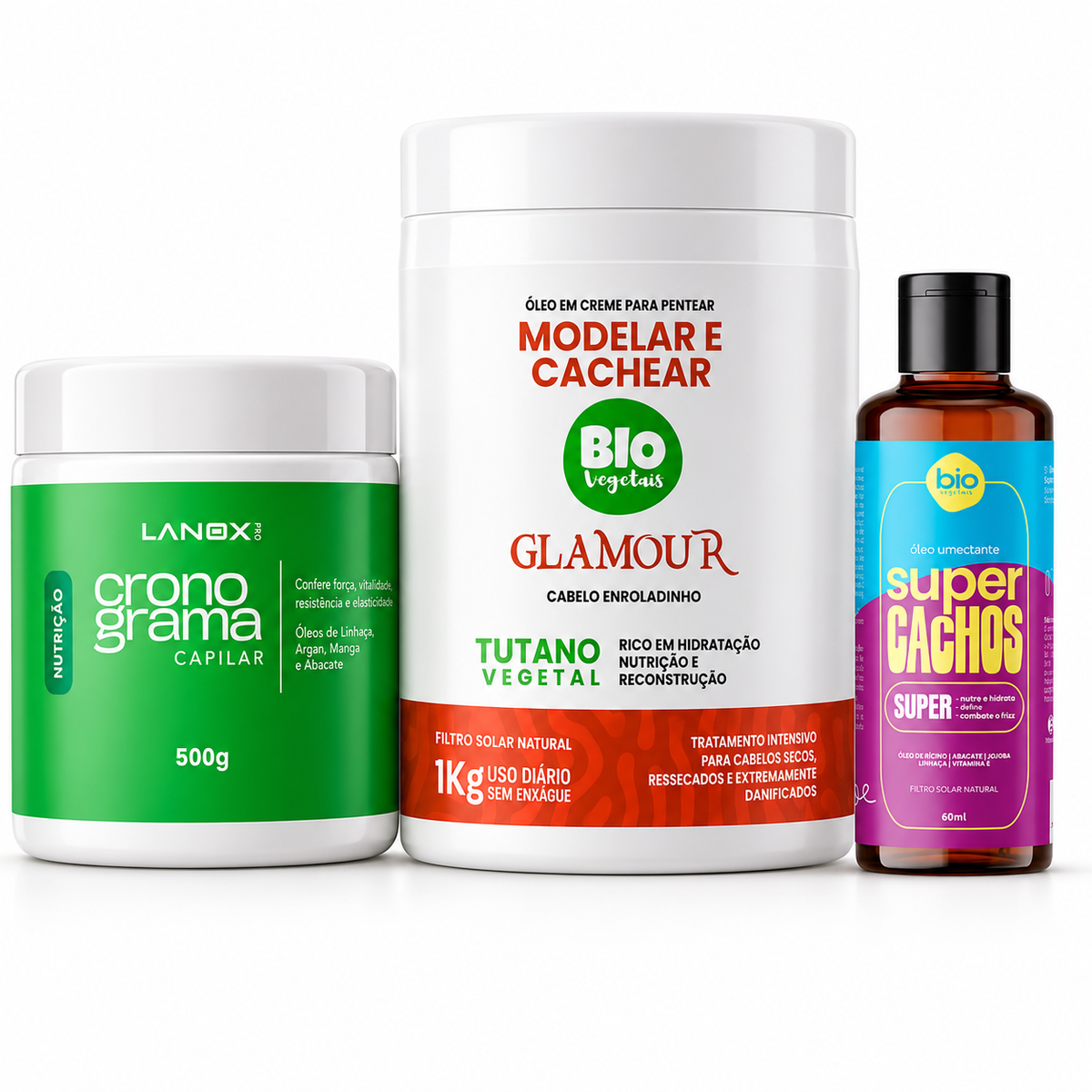 Kit Nutrição Tripla — Óleo em Creme Tutano 1kg + Óleo Umedecedor Super Cachos 60ml + Máscara Nutrição Cronograma 500g