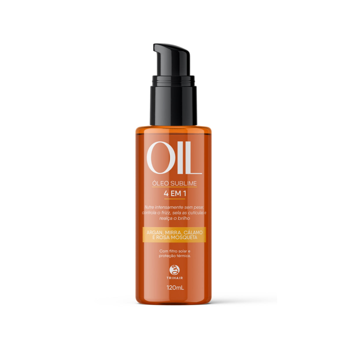 Óleo Sublime 4 em 1 Trihair 120ml com argan, mirra, cálamo e rosa mosqueta, filtro solar e proteção térmica
