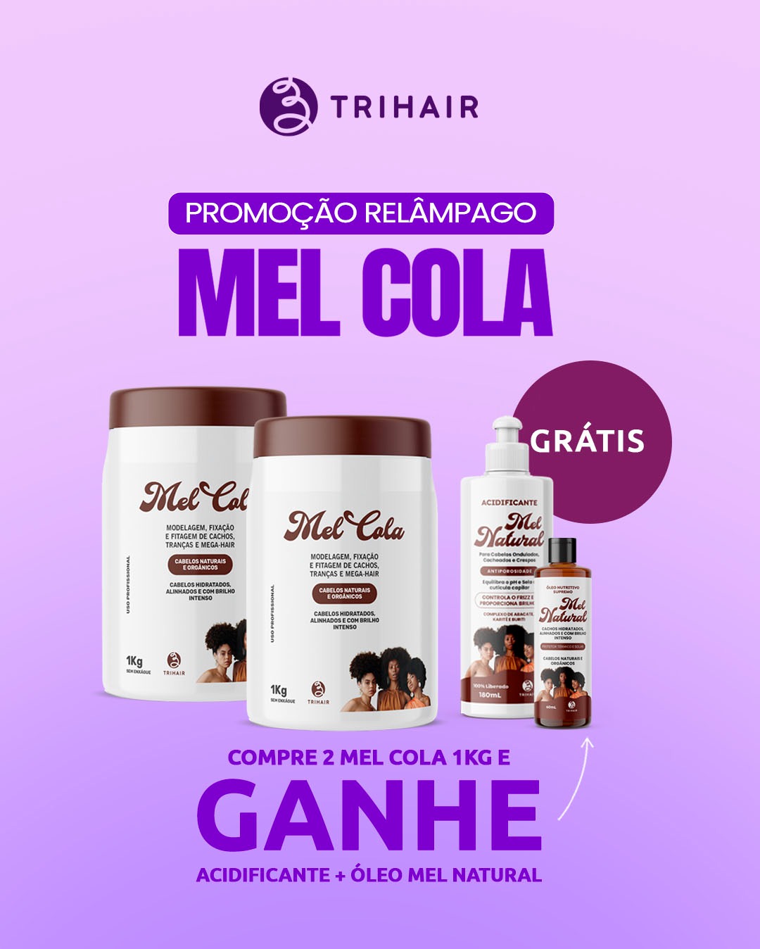 Kit 2 Mel Cola Trihair 1kg com Acidificante e Óleo Mel Natural