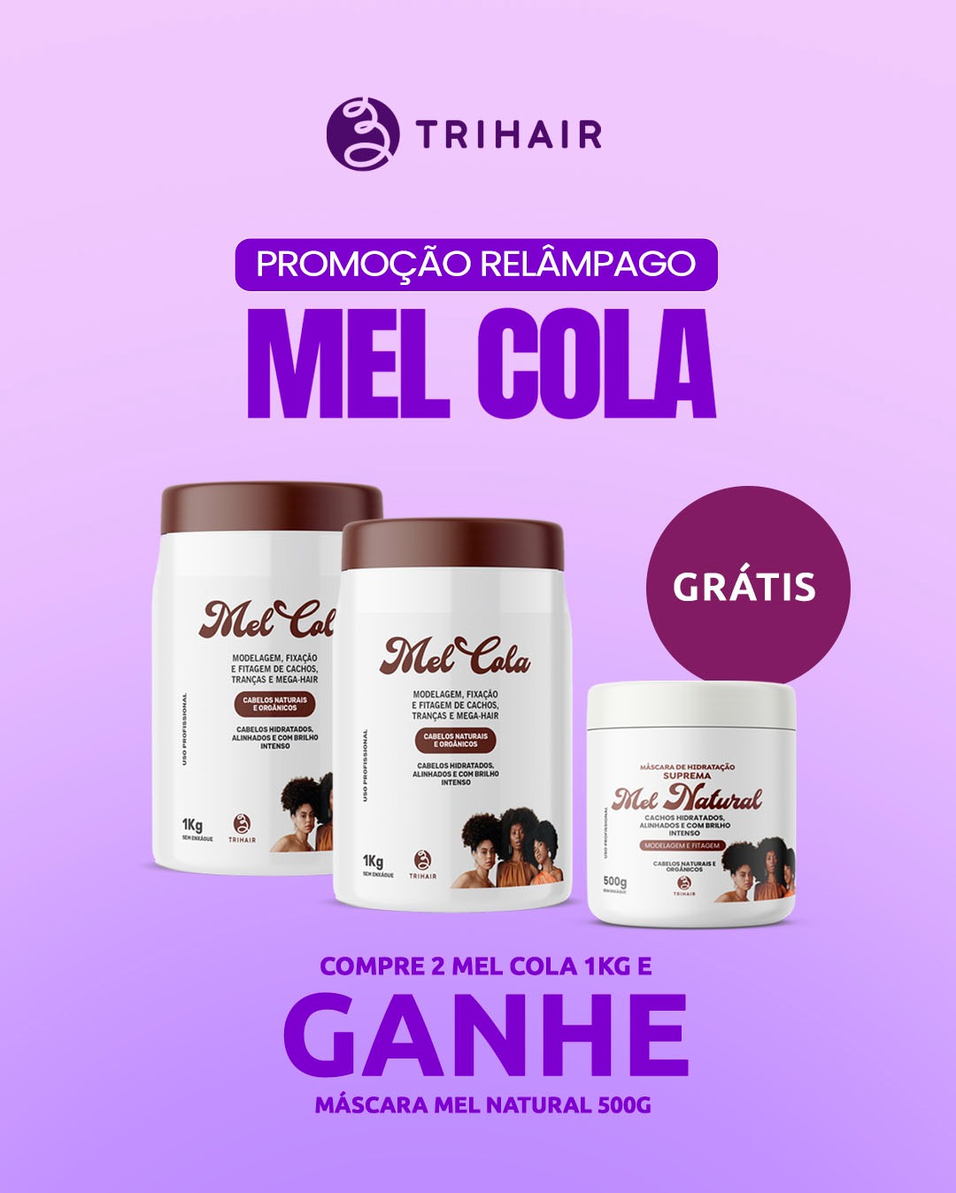 Kit 2 Mel Cola Trihair 1kg com Máscara Mel Natural